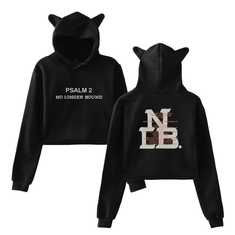 Stylish black hoodies with cat ear hoods, featuring Psalm 2 and accompanying designs inspired by K-pop merch collections. Perfect for fans and fashion enthusiasts alike.