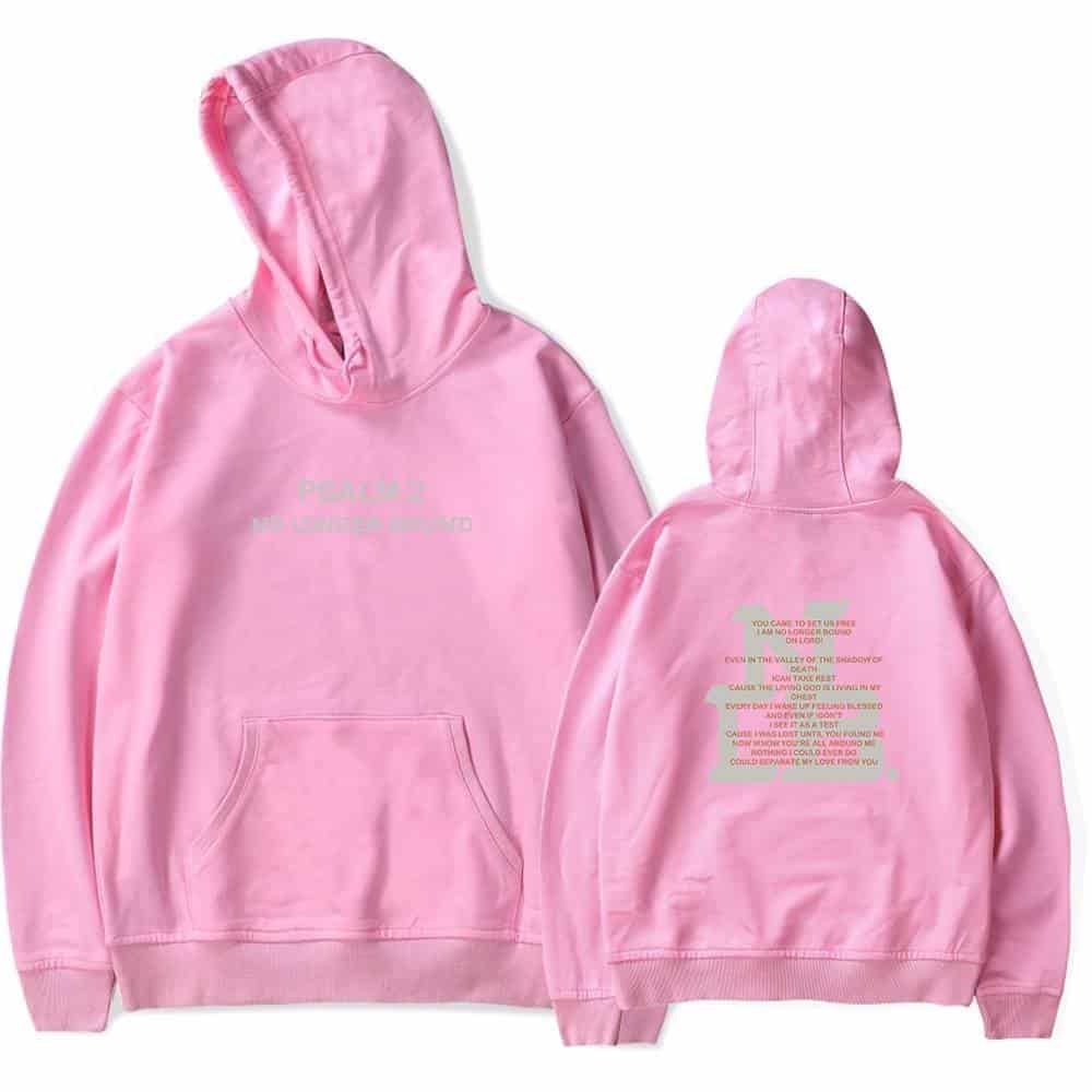 Pink hoodie with lyrics printed on the back and "PSALM" text on the front, perfect for K-pop fans and merchandise collectors.