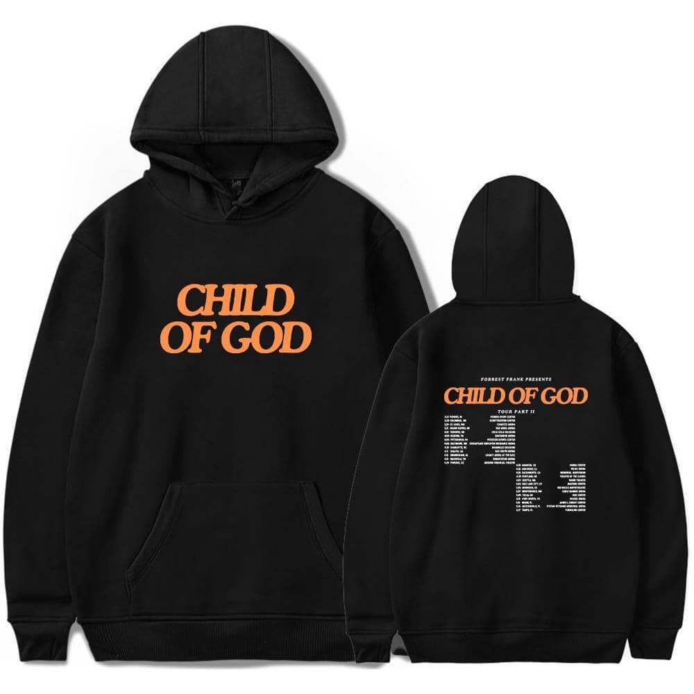 Child of God black hoodie with bold orange text, perfect for K-pop fans and merch collection.