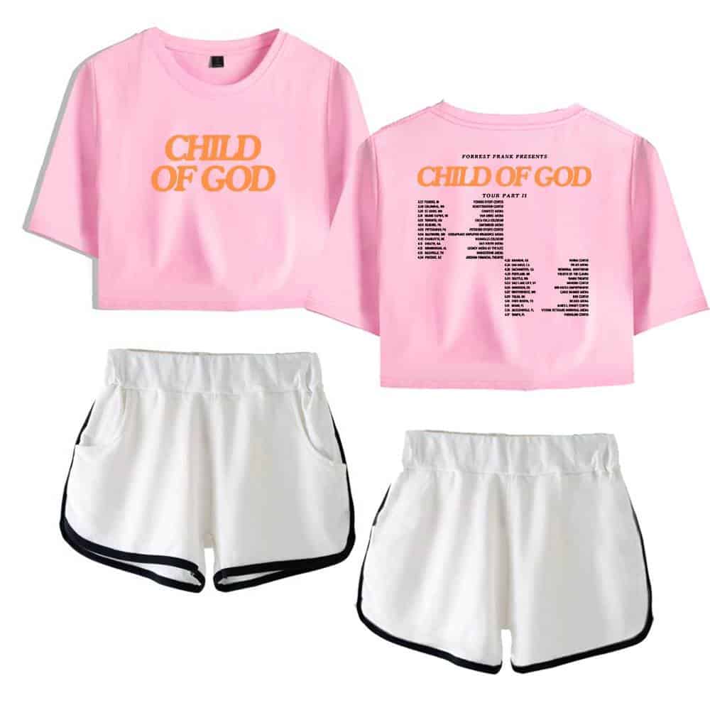 Child of God pink crop top and white shorts K-pop merchandise set.