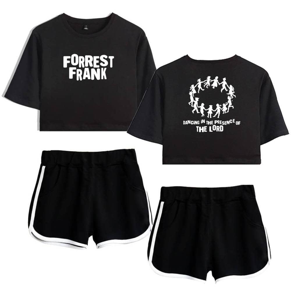 Black cropped T-shirt with "Forrest Frank" text and a graphic of people dancing in a circle.