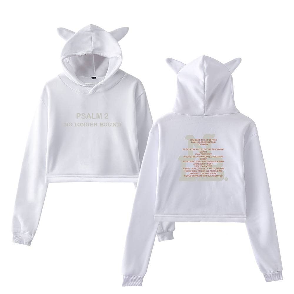 Soft white hoodie with unicorn horn and ears, featuring printed lyrics and "PSALM 2 NO LONGER BOUND" text, perfect for K-pop fans and merch collectors.