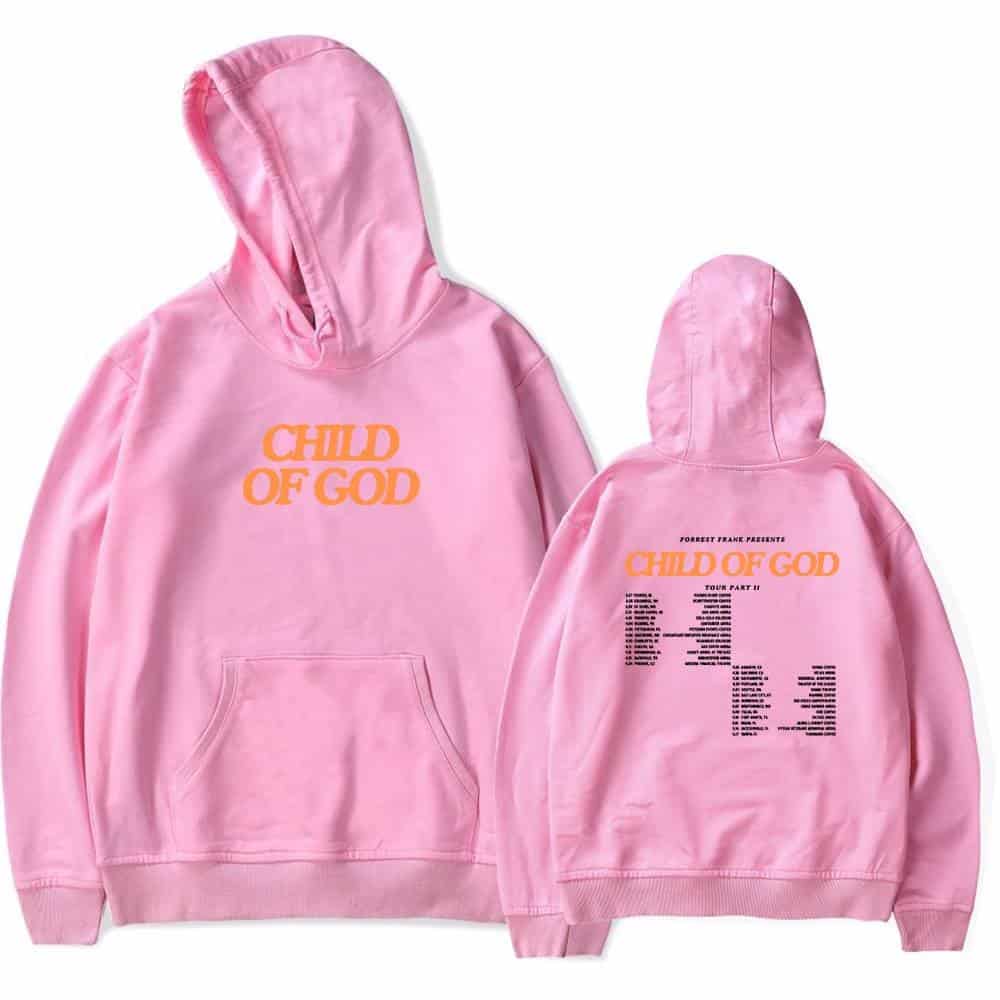 Pink hoodie with "Child of God" graphic, perfect for K-pop fans and merch enthusiasts.