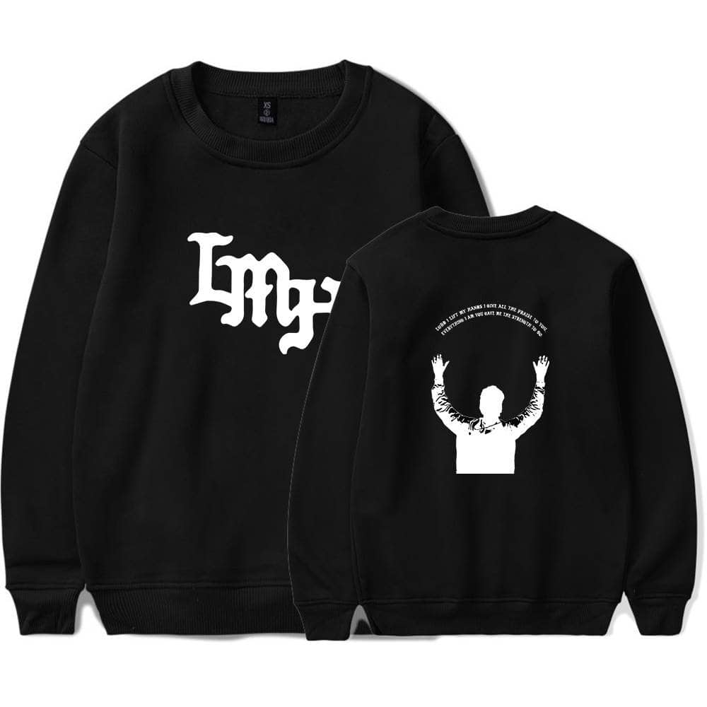 Black sweatshirt with My logo and artwork inspired by K-pop merchandise.