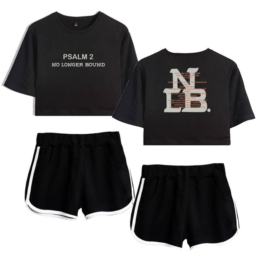 Black K-pop inspired crop top and shorts set with Psalm 2 design and inspirational text on the back.