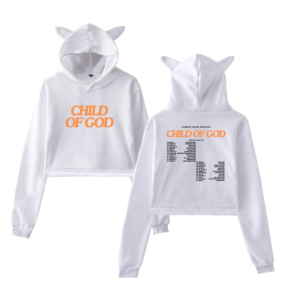 Child of God hoodie with unicorn ears, white sweatshirt for K-pop merch fans.