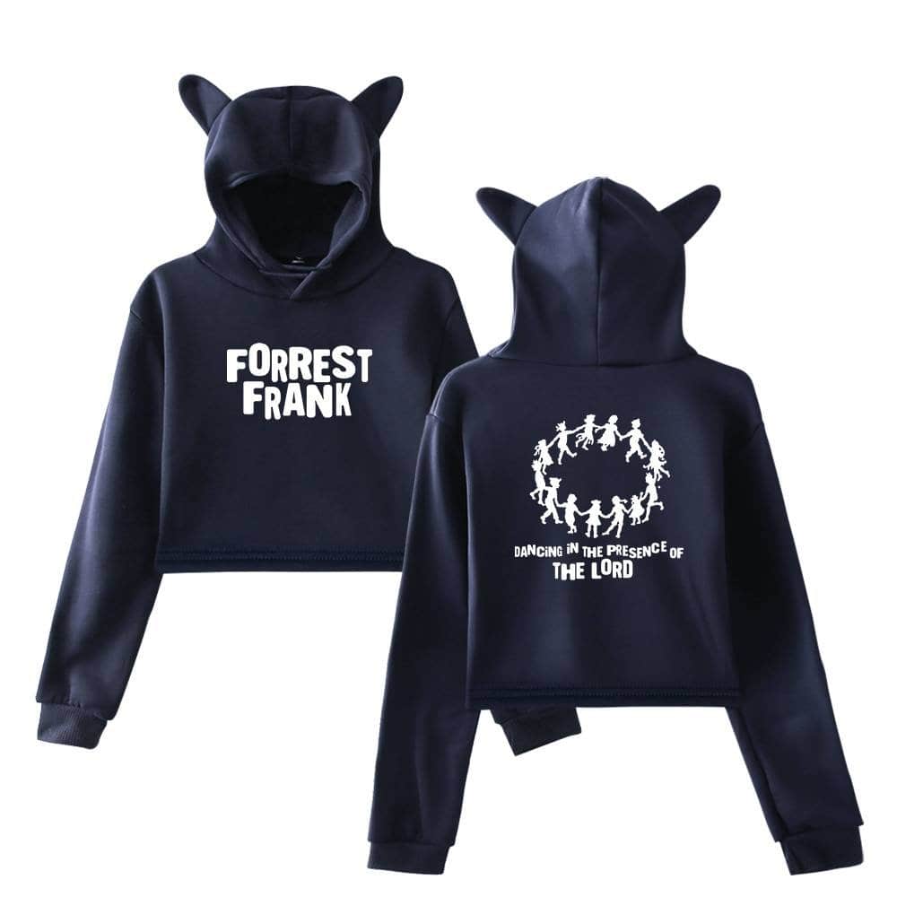 Cute black hoodies with cat ear hoods, featuring Forrest Frank text and dancing figures, perfect for K-pop merch fans.