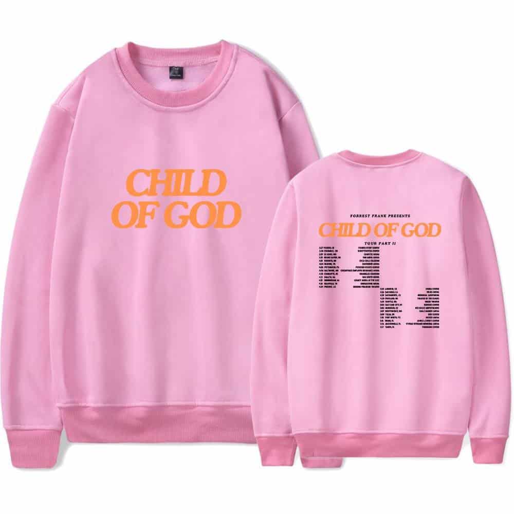 Child of God pink sweatshirt with bold orange text, perfect for K-pop and religious merch fans.