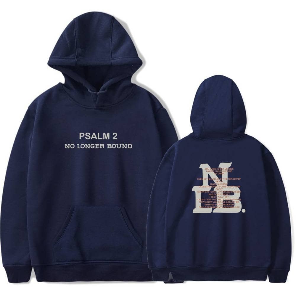 Psalms 2 hoodie with text "No Longer Bound" and back design featuring mixed text and abstract graphics.