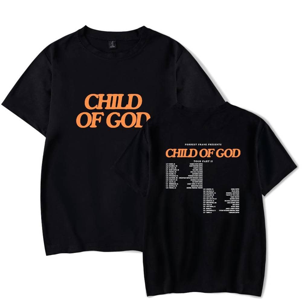 Child of God black graphic T-shirt, Kpop merch, with bold orange text and tour schedule on the back.
