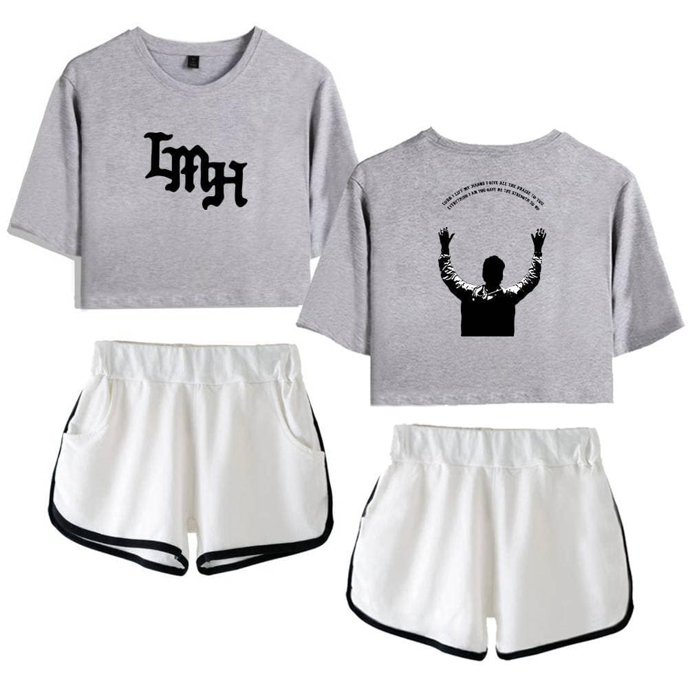 Cute grey crop top and matching shorts set with black accents, perfect for K-pop idol-inspired fashion and fan merch collections.