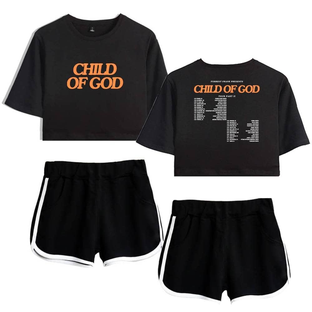 Child of God black crop top and matching shorts with white trim, trendy K-pop merchandise.