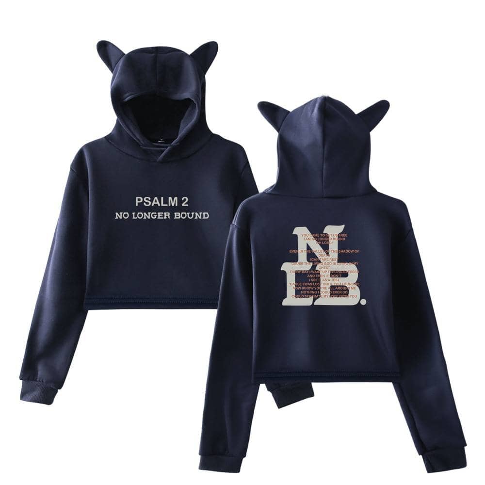 Punk kids' hoodies with cat ears, featuring PSALM 2 and abstract graphic designs, in a dark navy color for trendy K-pop merch fans.