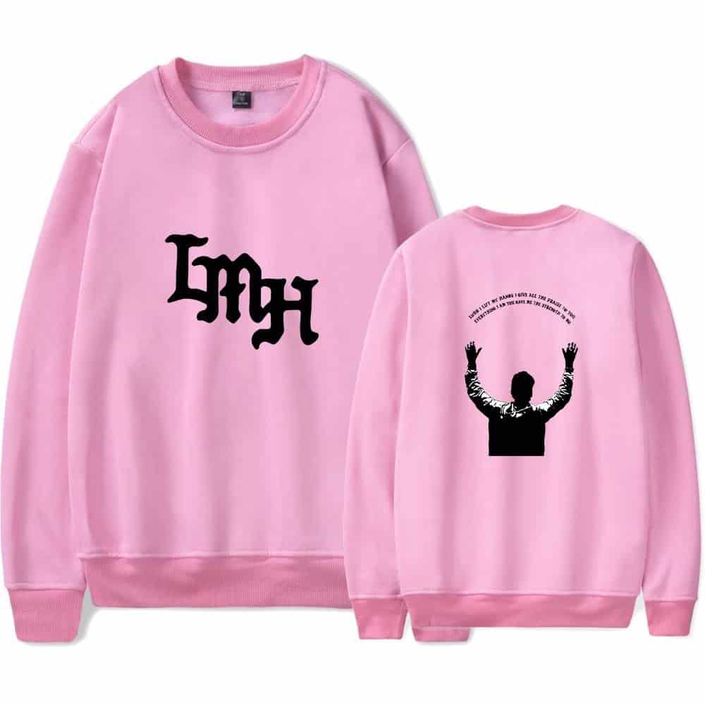 Pink crewneck sweatshirt with "My" text and silhouette of a person raising hands in black, Kpop merch.