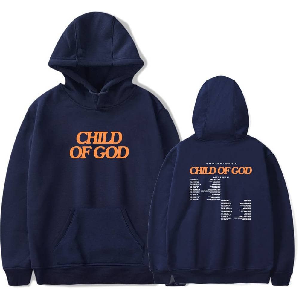 Child of God hoodie with bold orange text and tour information on the back, perfect for K-pop fans.
