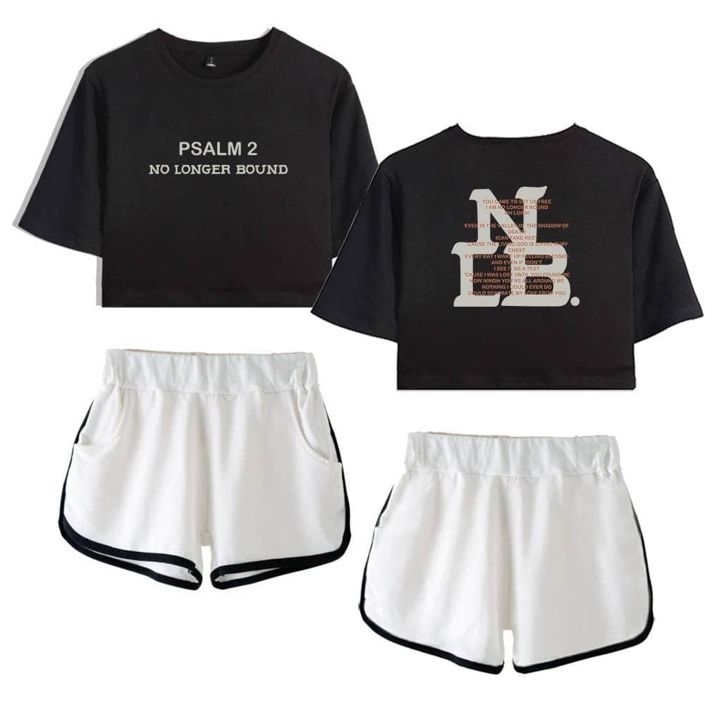 Casual K-pop merch outfit with black crop tops and white shorts.