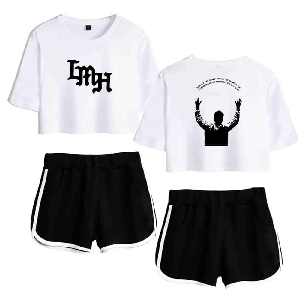 Cute K-pop themed cropped t-shirts and athletic shorts set for fans.