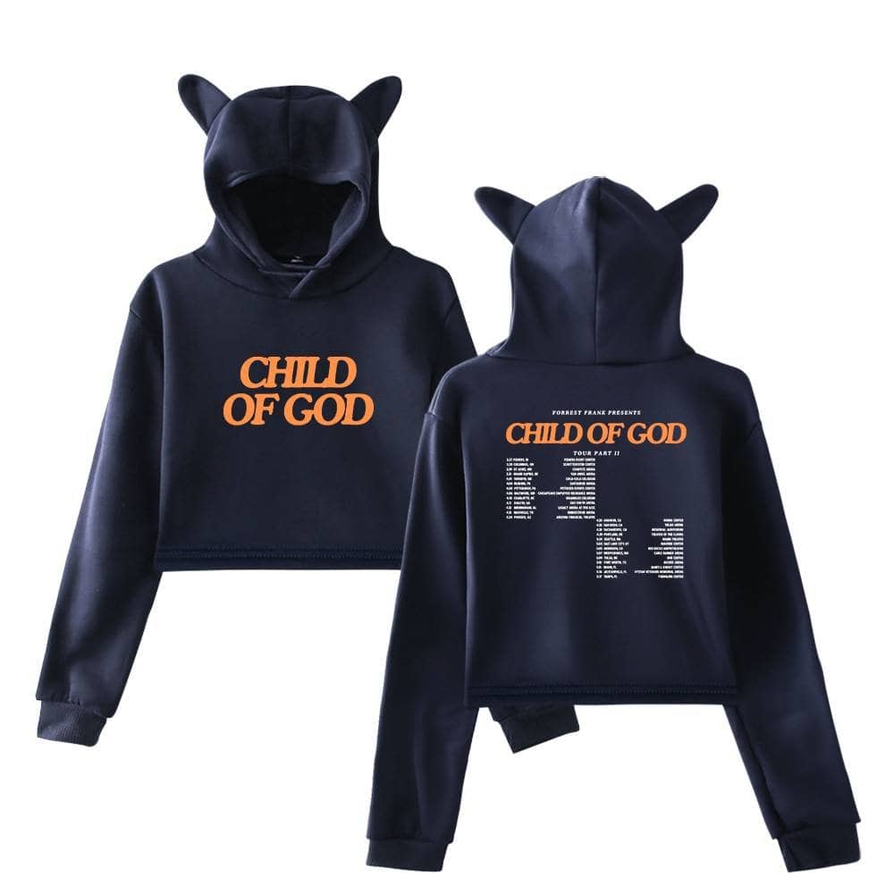 Child of God hoodie with bear ears, black color, perfect for K-pop fans and merch collections.