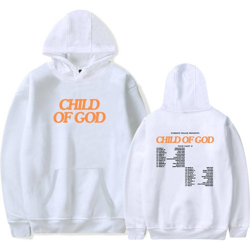 Child of God hoodie in white with bold orange text and tour details printed on the back.