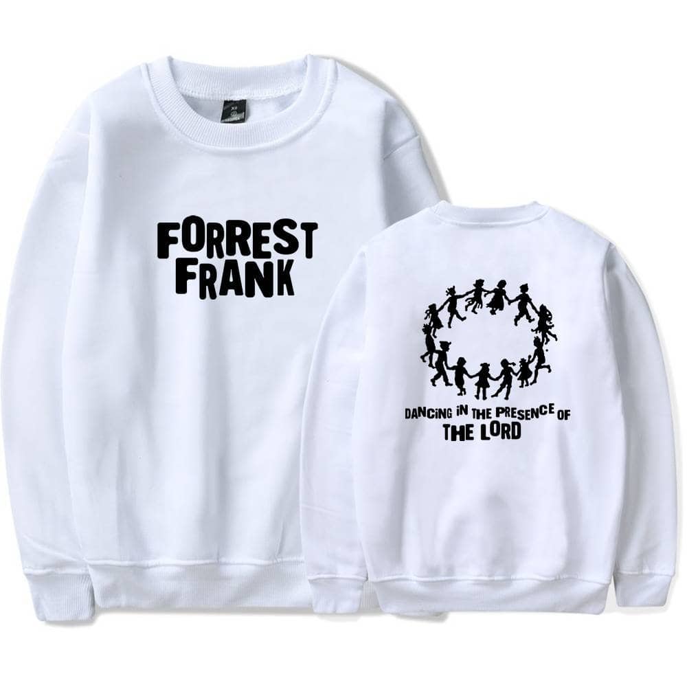 Bold black text "FORREST FRANK" on white sweatshirt with schoolboy image and quote "DANCING IN THE PRESENCE OF THE LORD" printed on back.