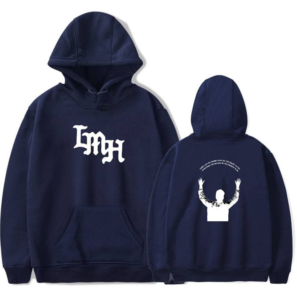 Black hoodie with white graphic design, perfect for K-pop fans.