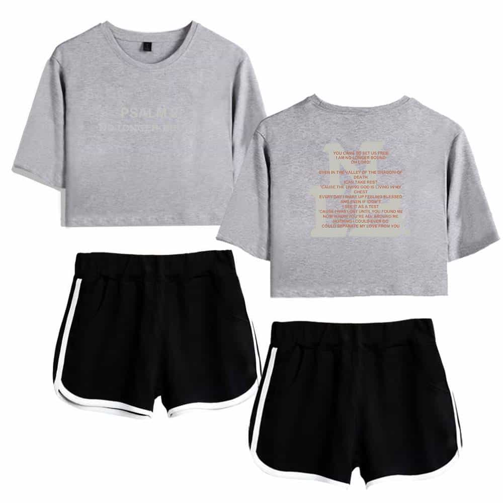 Cute Kpop merch set with gray cropped sweatshirts and black shorts with white trim. Perfect for Kpop fans and stylish casual wear.