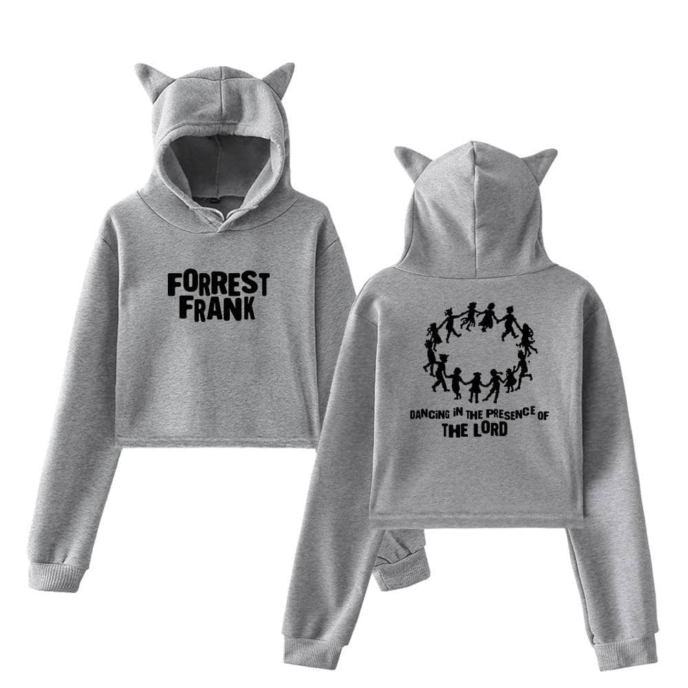 Cute gray hoodie and sweatpants set with cat ears on the hood, featuring "Forrest Frank" and a design of children holding hands in a circle, perfect for K-pop merch fans.