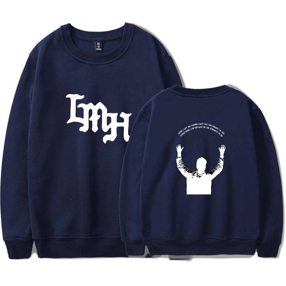 Mykpop merch sweatshirt with graphic design and lyrics on back.