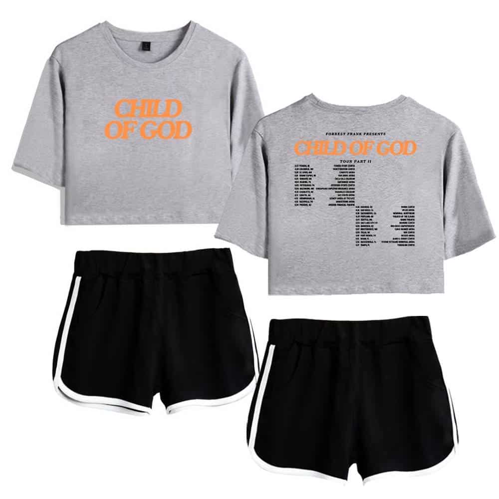 Child of God graphic grey cropped sweatshirt and black athletic shorts for K-pop fandom fashion.