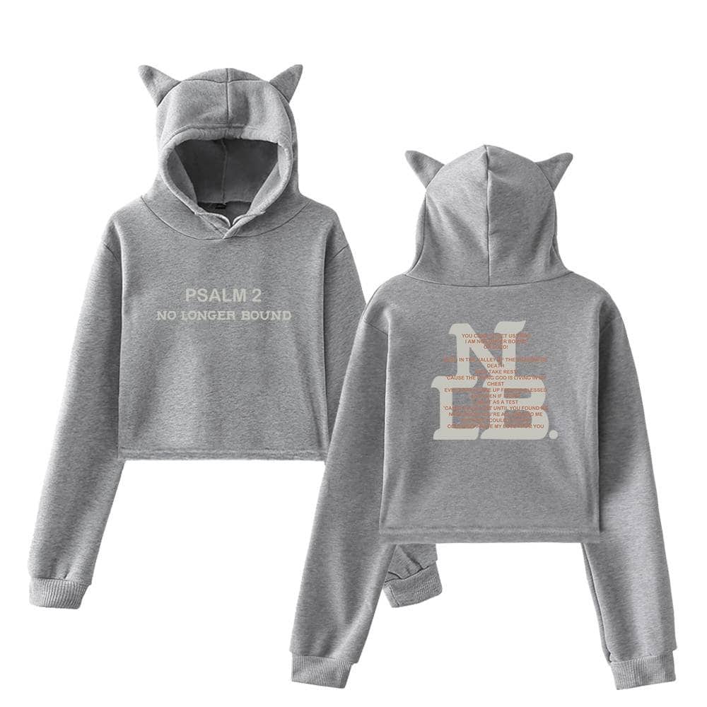Comfortable gray kpop hoodie with cat ears and printed text, perfect for fans.