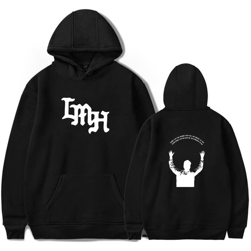 Black hoodie with K-pop inspired graphic design and text. Perfect for fans to showcase their love for K-pop merchandise. Trendy streetwear style for K-pop enthusiasts.
