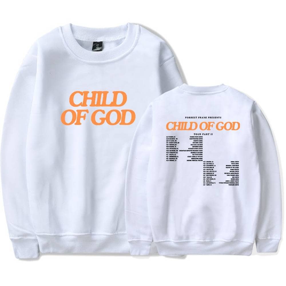 Child of God white sweatshirt with bold orange text.