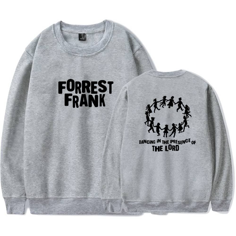 Soft grey sweatshirt with "Forrest Frank" printed on the front and a design of children holding hands in a circle on the back, perfect for K-pop fans.