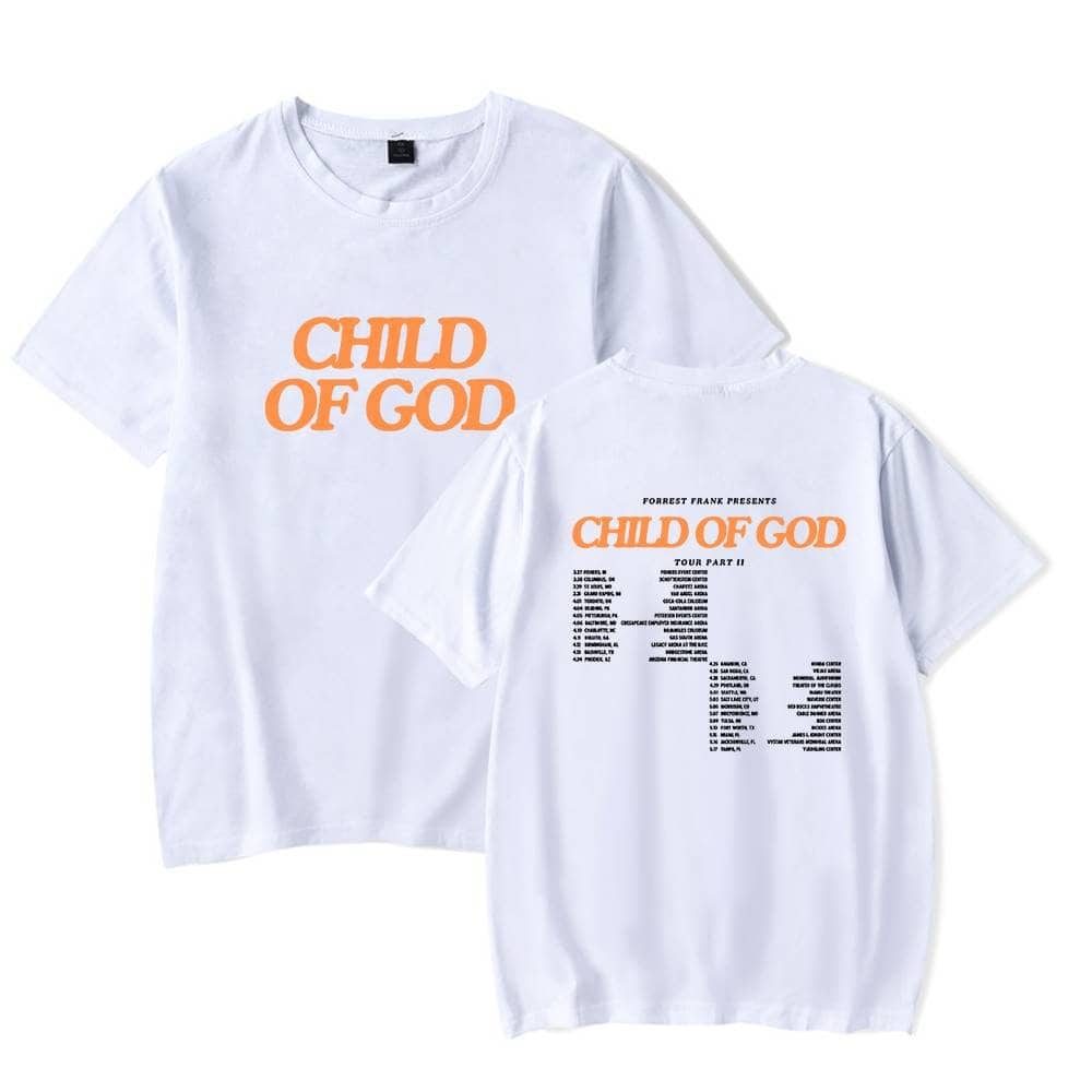 Child of God t-shirt with bold orange text and tour schedule print, perfect for K-pop merch fans.