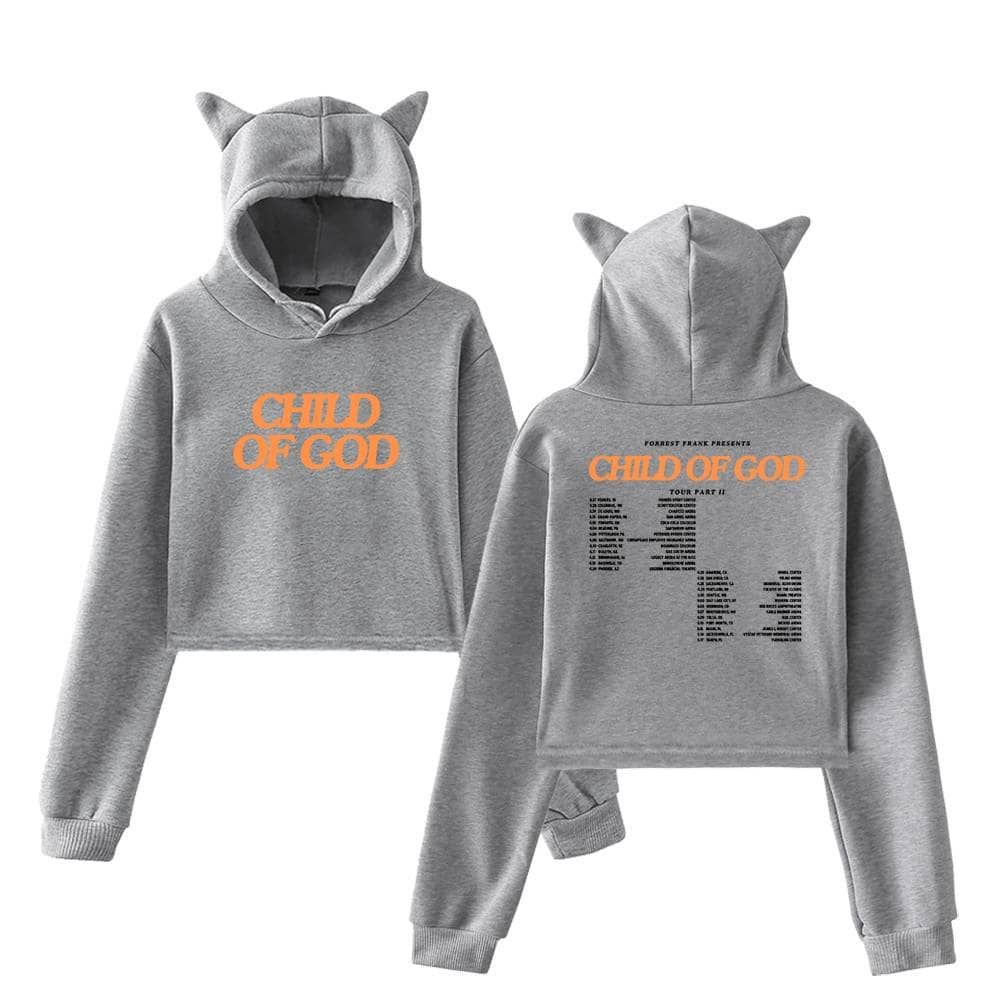 Child of God hoodie with cat ears, grey sweatshirt, and sporty sweatpants, perfect for K-pop merchandise fans.