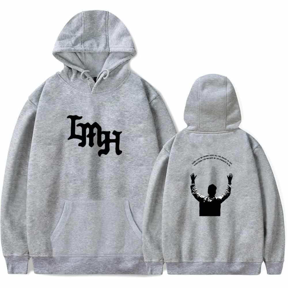 Kpop merch hoodie with a graphic design of a person raising their hands in black silhouette.