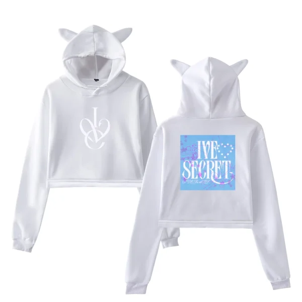 Cute white hoodie set with cat ear hood, "LOVE" text design on front and "LOVE SECRET" printed on back, perfect for K-pop fans and K-pop merch collection.