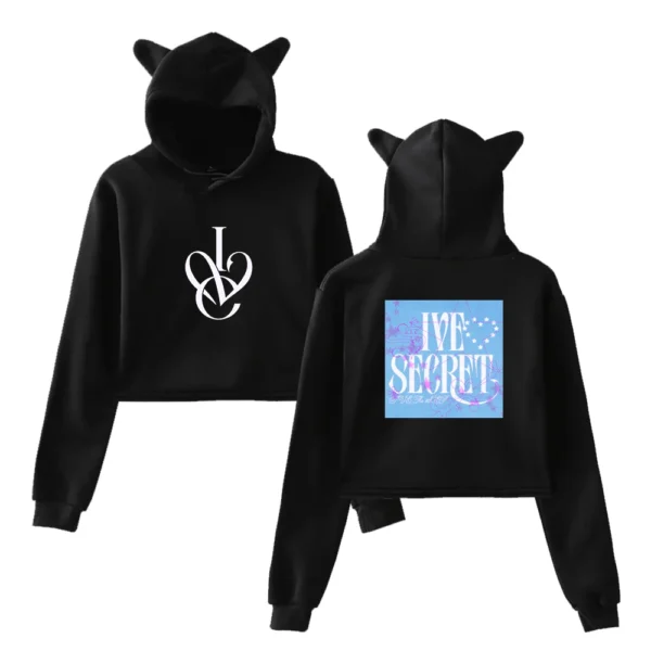 Black kpop hoodie with cat ear hood and printed design.