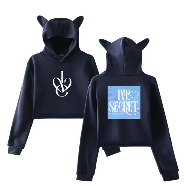 Cute black hoodies with cat ear designs, featuring stylish logos and graphics, perfect for K-pop merchandise fans.