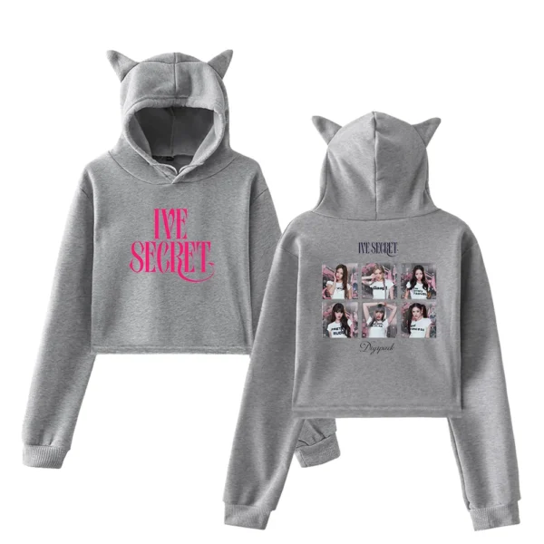 Cute grey hoodie and joggers set with cat ears, featuring IVE SECRET lettering and photo prints, perfect for K-pop fans and casual wear.