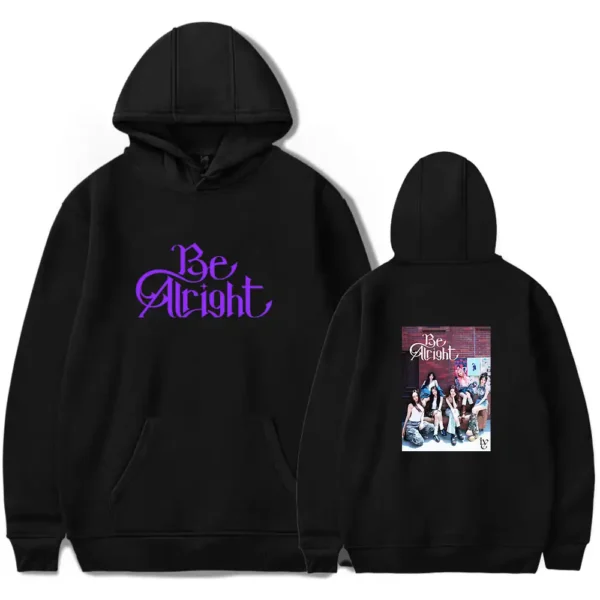 Be, Alright black hoodie with group photo and purple text design.
