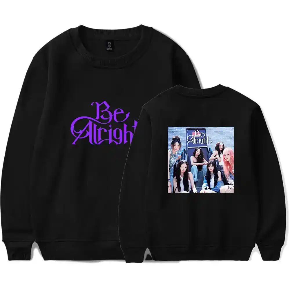 Vintage black sweatshirt with purple "Be Alight" text and a group photo of the girl group in stylish outfits.