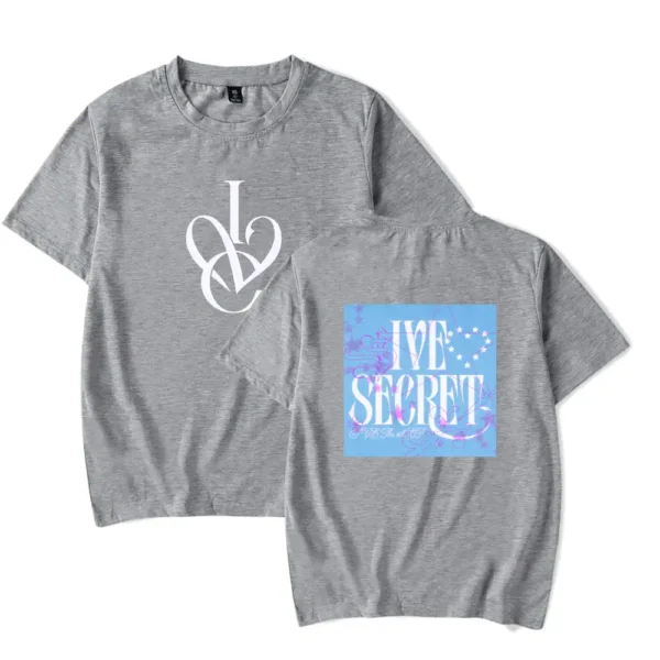 Cute gray K-pop merch t-shirts with love secret print design and stylish graphics.
