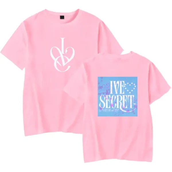Pink K-pop merch t-shirts with logo and design.