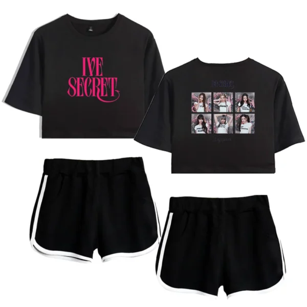 Cute K-pop merchandise featuring matching crop tops and shorts with trendy designs. Perfect for fans to showcase their love for their favorite idols.