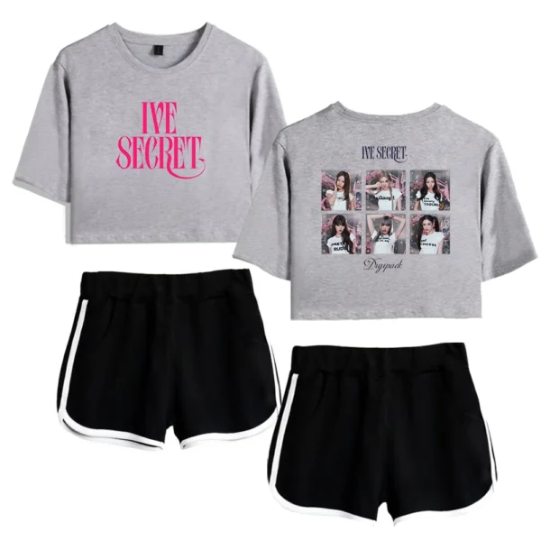 Cute grey cropped t-shirts featuring "IVE SECRET" design and photos of members. Paired with black athletic shorts with white trim for a stylish casual look. Perfect for K-pop fans.