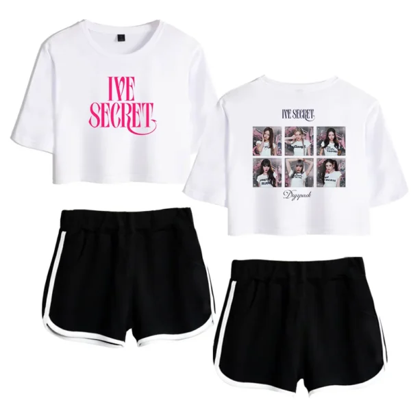 Pink "I Love Secret" graphic t-shirt and photo collage crop top with black athletic shorts with white trim, trendy K-pop merchandise for fans.
