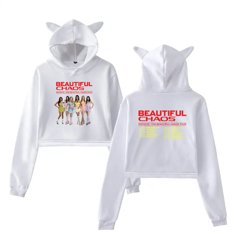 Kpop merch hoodie with cute animal ears and colorful girl group print on front and back.