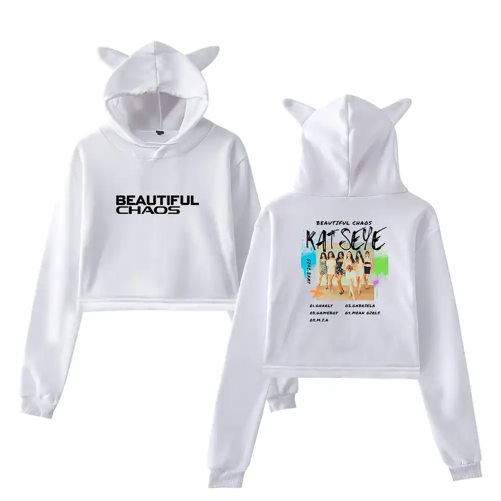 Cute white K-pop merch hoodie with animal ears, "Beautiful Chaos" graphic, and K-pop girl group design on the back. Perfect for fans and style enthusiasts.