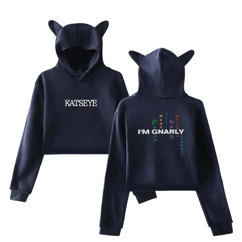 Kpop merch hoodie set with animal ears, featuring colorful text and "KATSEYE" and "I'M GNARLY" slogans.
